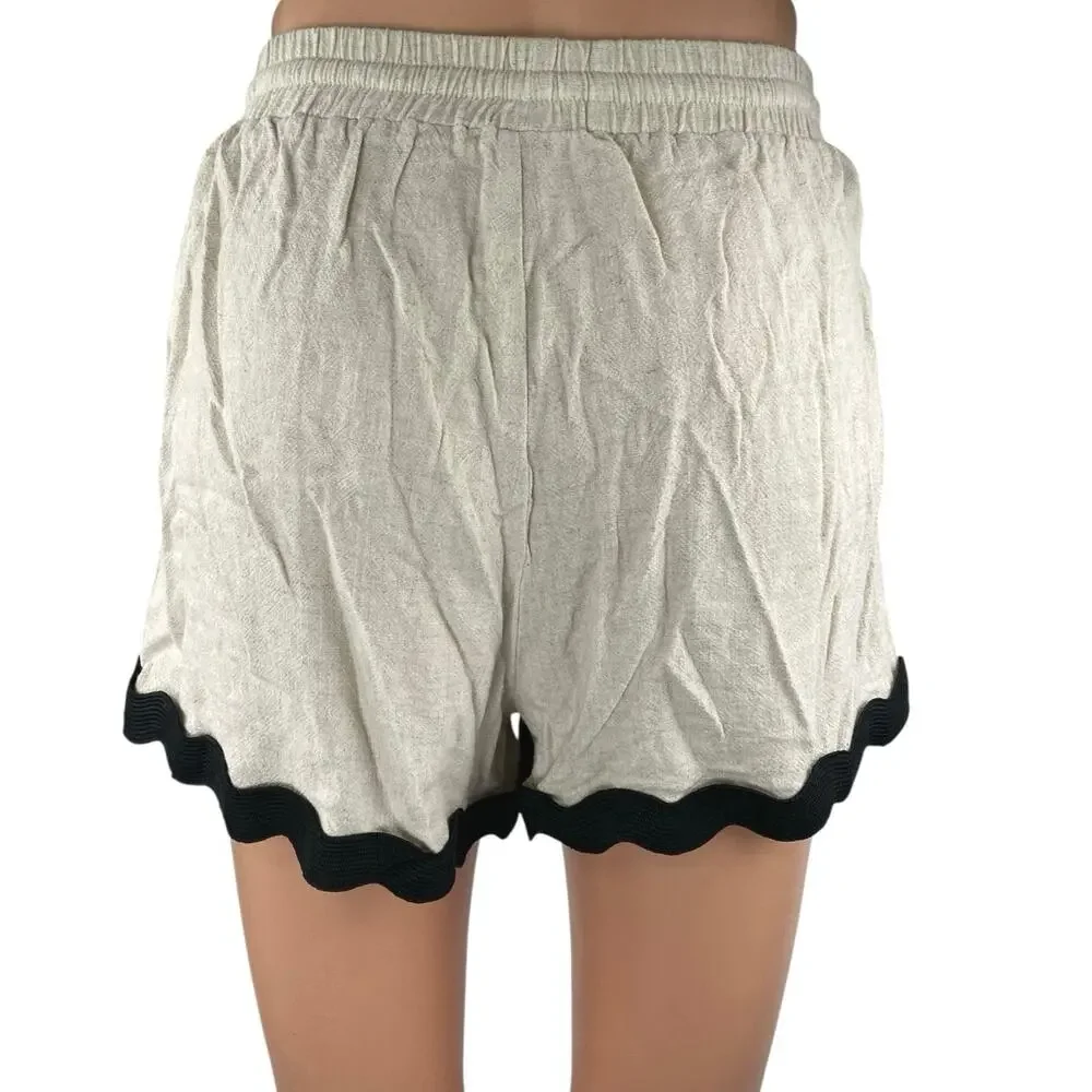 Anniewear Women's Beige Black Scalloped Hem Drawstring Lounge Shorts Size S
